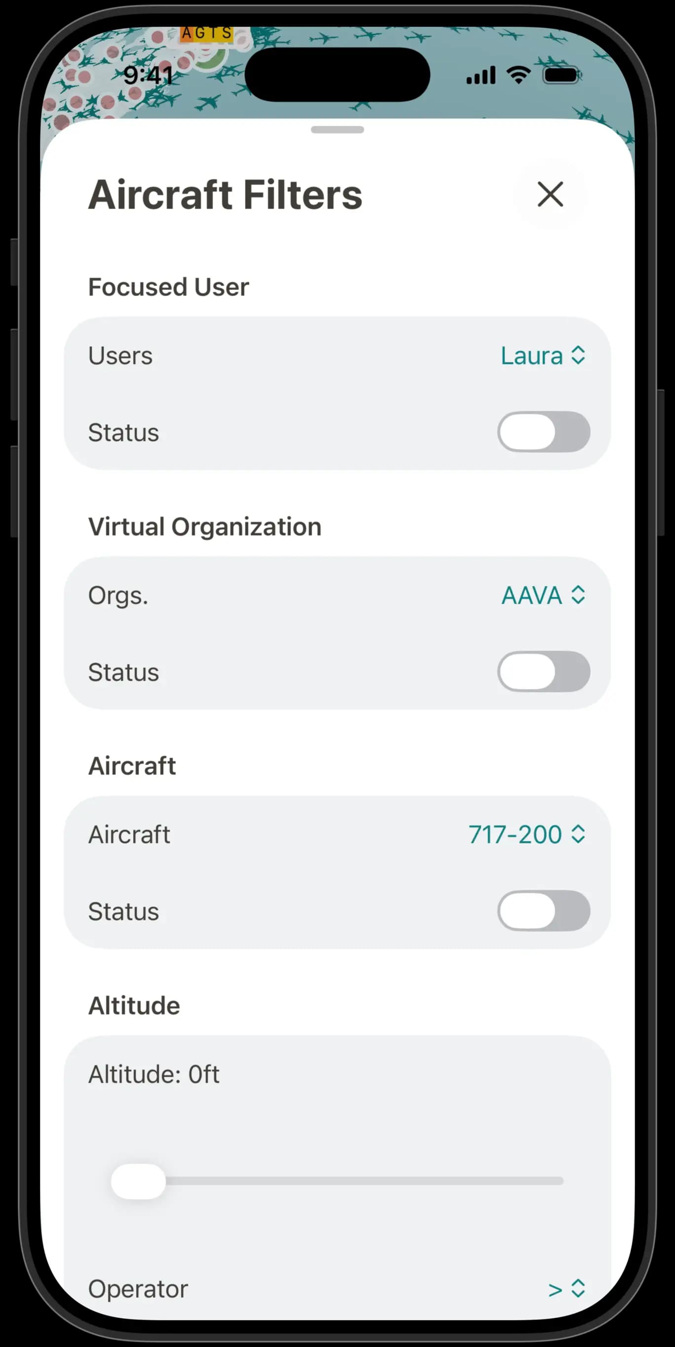 Filters view on iOS app